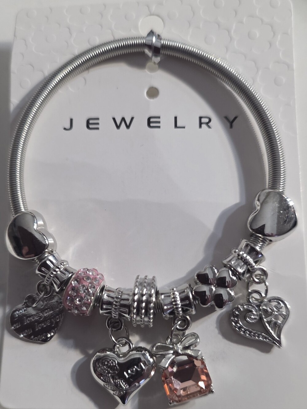 New Silver Tone European Charm Bracelet with Pink Crystal Charm | Adjustable Sna